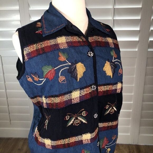New Direction Plus 3X Blue Chambray Denim Vest Embroidered Harvest Fall Collared - Picture 8 of 12